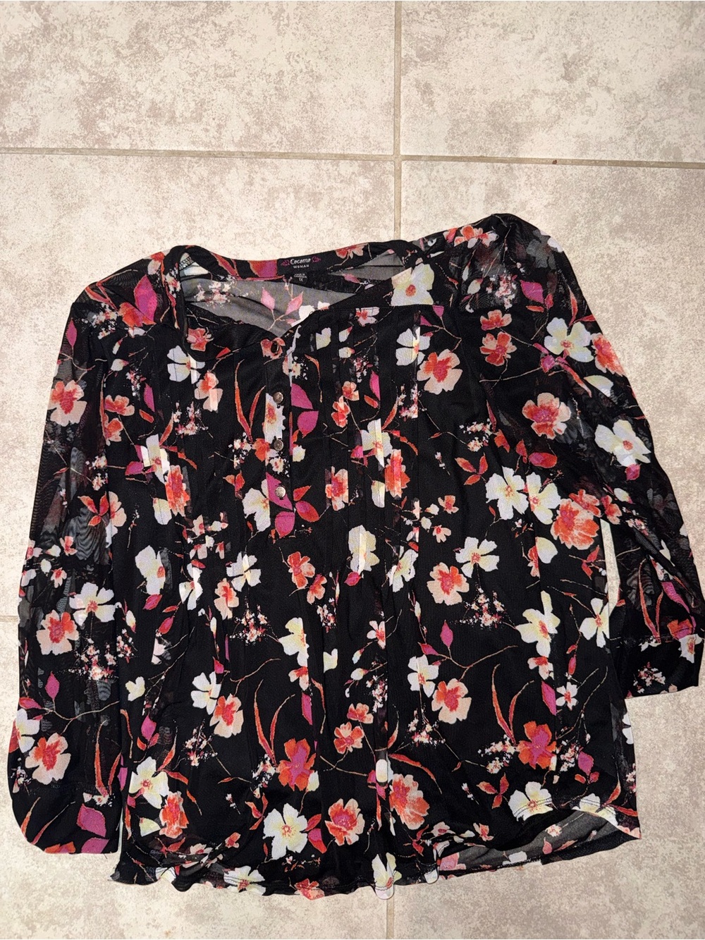 Cocomo Black Floral Peasant Top with Pink & White Blossoms